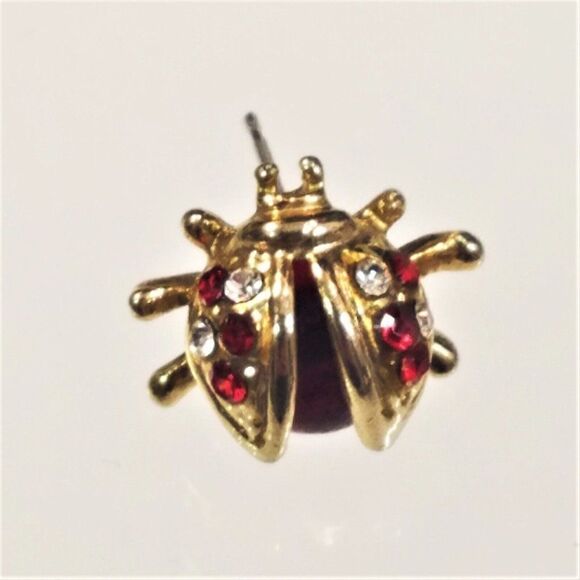 Vintage Tiny Ladybug Pin Gold Tone Red And Silver Rhinestones - Picture 1 of 5